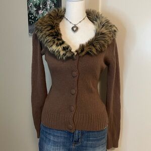 dolce wool blend brown cheetah trim cardigan